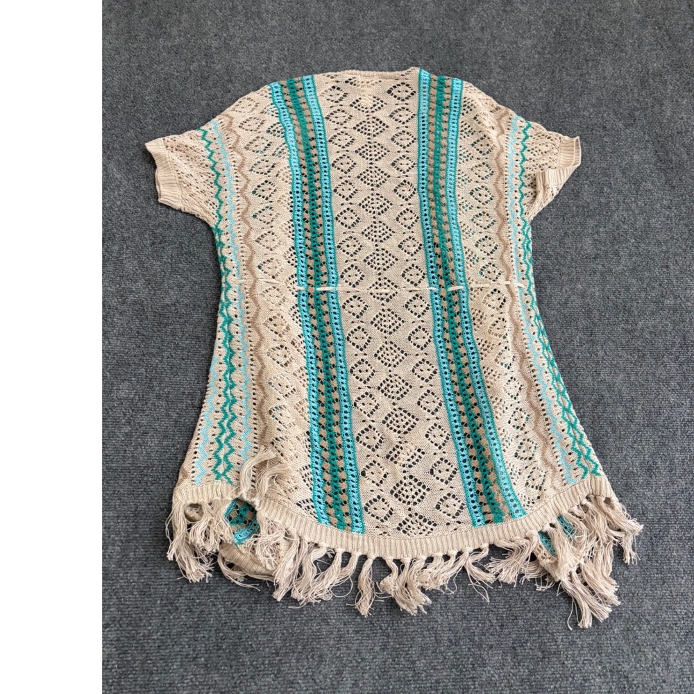 Chicos Linen Open Knit Cardigan Tan Teal Fringe Short Sleeve Size 0 Petite - Picture 3 of 8
